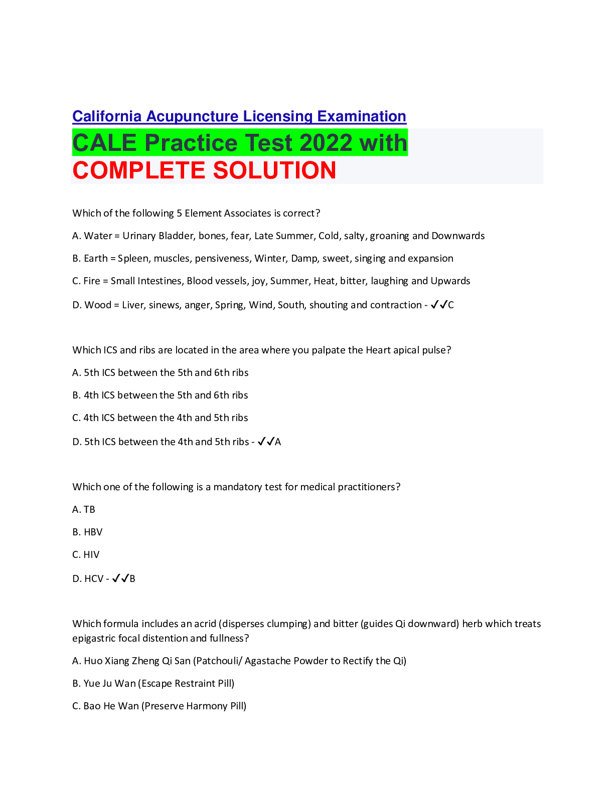 California Acupuncture Licensing Examination CALE Practice Test 2022 with COMPLETE SOLUTION